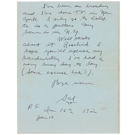 Lot #1281 Sal Mineo: A 16-year-old Mineo pens a few quick and witty responses to a fan just one month before the release of Rebel Without a Cause: ?I?ve been on Broadway and I?ve done T. V. in N. Y. I only go to Calif. to do a picture? - Image 2