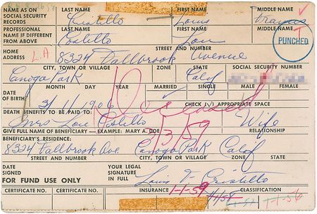 Lot #1123 Lou Costello: Extremely rare union card including personal information and signed with his given name ?Cristillo? - Image 1