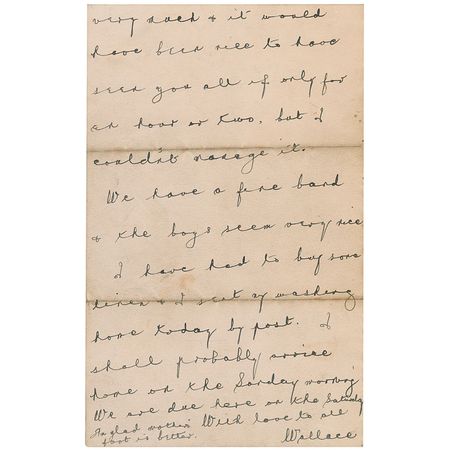 Lot #1640 Wallace Hartley: Titanicâ??s heroic bandleader writes his only letter home from the legendary White Star liner on April 10, 1912: 