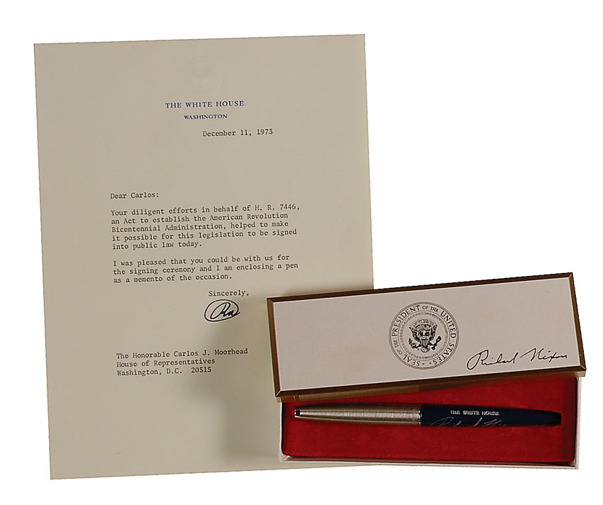 Lot 89 Richard Nixon: Nixon presents ?a pen as a memento? of the signing of the ?Act to establish the American Revolution Bicentennial Administration?