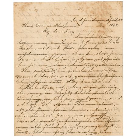 Lot #267 Sam Houston: Pro-Union Sam Houston petitions a Confederate senator to promote his son (a “good looking boy!”) in the Rebel army - Image 1
