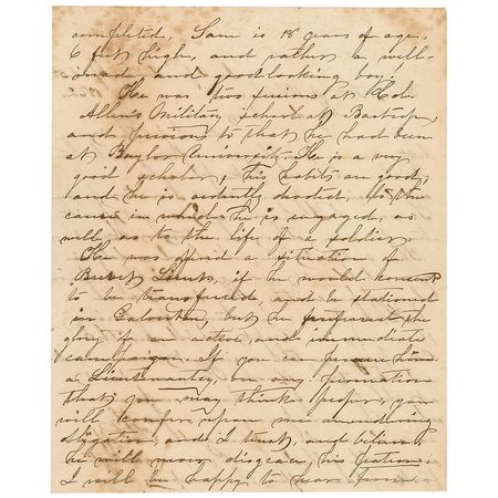 Lot #267 Sam Houston: Pro-Union Sam Houston petitions a Confederate senator to promote his son (a “good looking boy!”) in the Rebel army - Image 2
