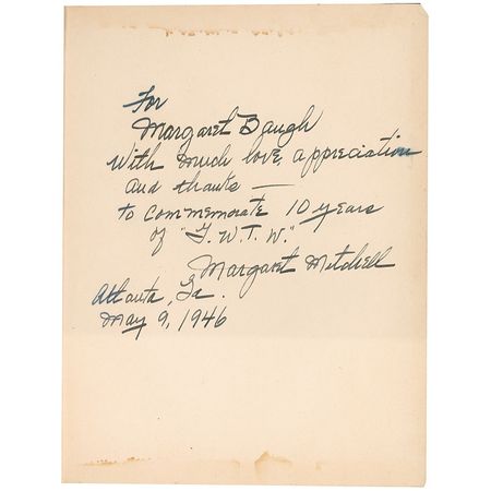 Lot #652 Margaret Mitchell: Breaking her own rule, the Gone With the Wind author inscribes a copy of her masterpiece to her secretary - Image 1