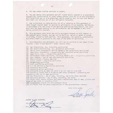 Lot #879 Sam Cooke: Scarce representation agreement for the soul legend - Image 2