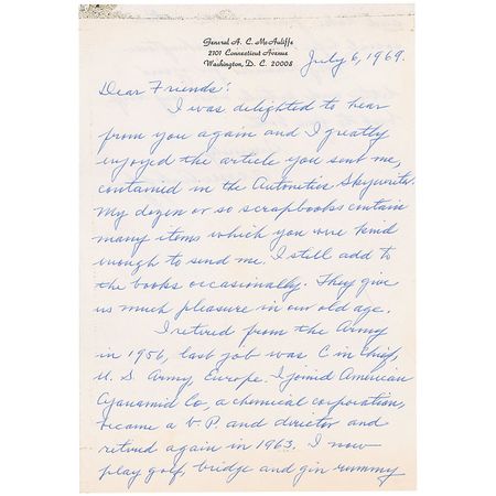 Lot #441 Anthony McAuliffe: “I retired from the Army in 1956, last job was C in Chief, U. S. Army, Europe” - Image 1