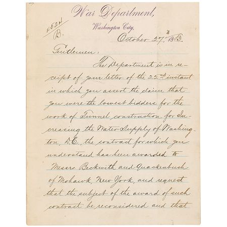 Lot #299 Robert Todd Lincoln: Secretary of War Lincoln explains his reasons for rejecting a bid to improve the water supply of Washington - Image 1