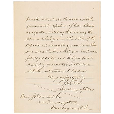 Lot #299 Robert Todd Lincoln: Secretary of War Lincoln explains his reasons for rejecting a bid to improve the water supply of Washington - Image 3