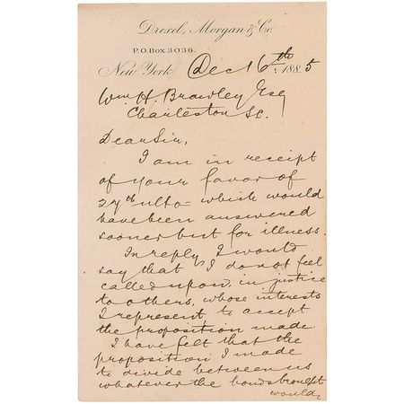 Lot #316 J. Pierpont Morgan: Scarce and early handwritten J. P. Morgan letter declining a business deal “I have felt that the propositions I made to divide between us whatever the bonds brought would be acceptable to both parties” - Image 1