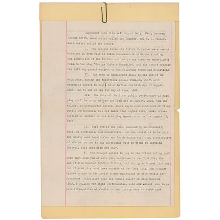 Lot #1278 W. C. Fields: Fields signs on for George White’s Scandals for the 1922 season, insisting he “shall not go on before 9’ o’clock” - Image 1