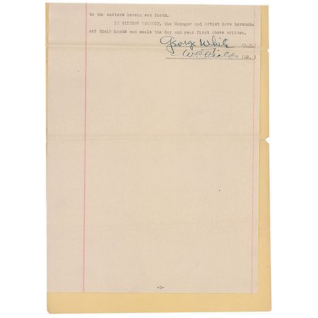 Lot #1278 W. C. Fields: Fields signs on for George White’s Scandals for the 1922 season, insisting he “shall not go on before 9’ o’clock” - Image 2