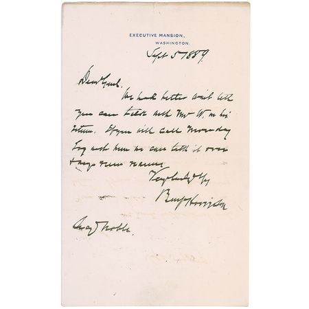 Lot #52 Benjamin Harrison: In a rare handwritten letter as president, Harrison suggests a meeting with cabinet members - Image 1