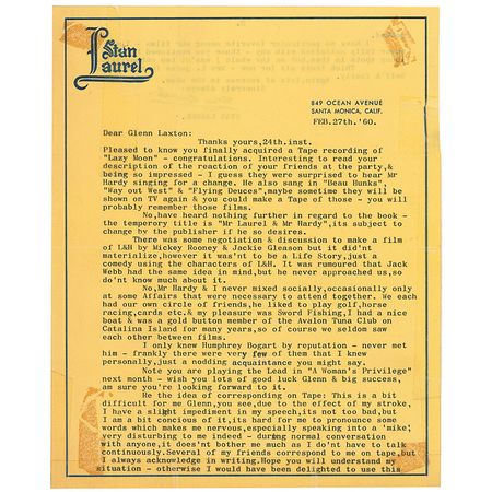 Lot #1385 Stan Laurel: Laurel writes of Bogart, a possible film with Gleason and his relationship with his partner: ?Mr Hardy & I never mixed socially, occasionally only at some Affairs that were necessary to attend together? - Image 1