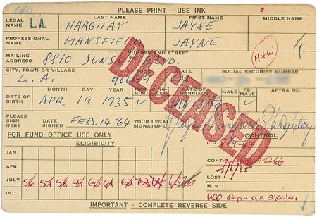 Lot #1414 Jayne Mansfield: Three years before her tragic demise, Mansfield assigns AFTRA death benefits - Image 1