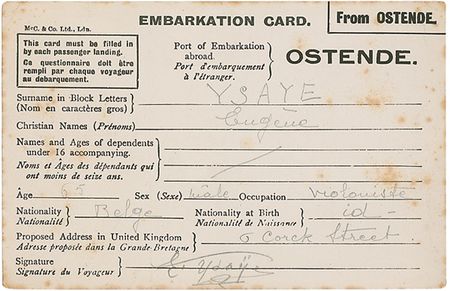 Lot #1132 Violinists: Ysaye and Elman Embarkation Cards - Image 1