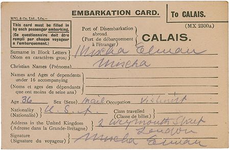 Lot #1132 Violinists: Ysaye and Elman Embarkation Cards - Image 2