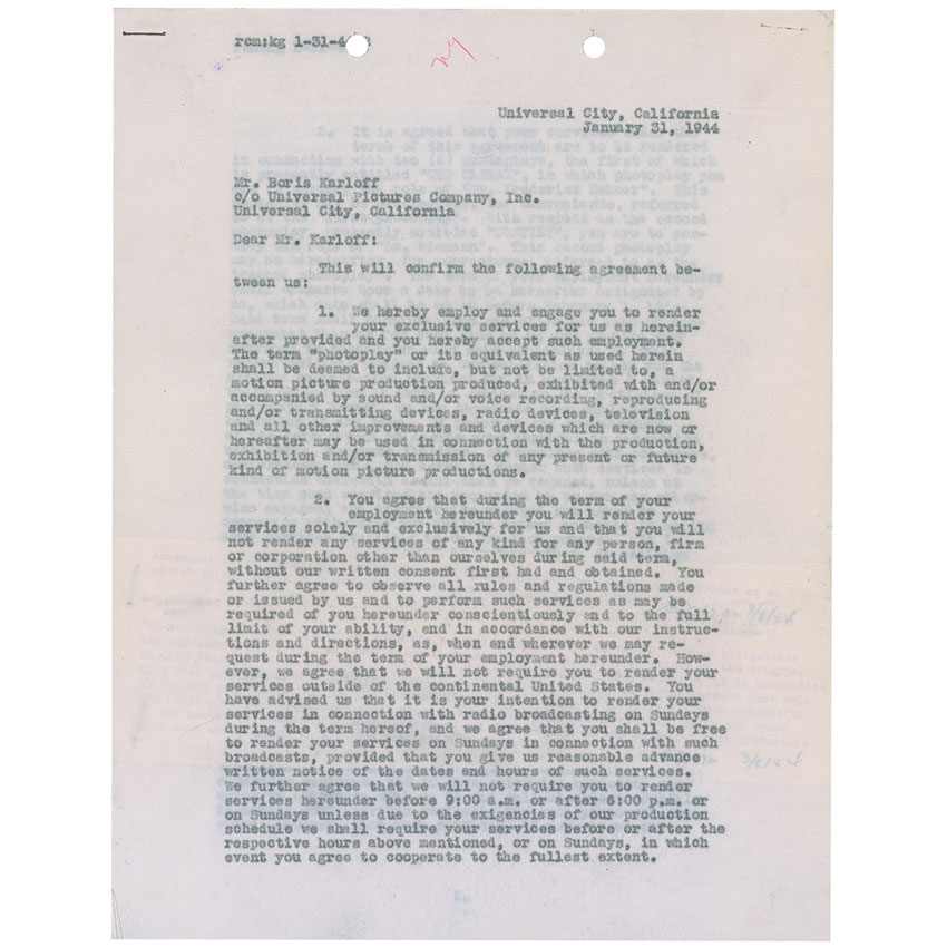 Lot 1001 Boris Karloff: Signing on to play Dr. Friedrich Hohner in Universal’s 1944, The Climax, plus Dr. Gustav Niemann in the Universal 1944 classic, House of Frankenstein