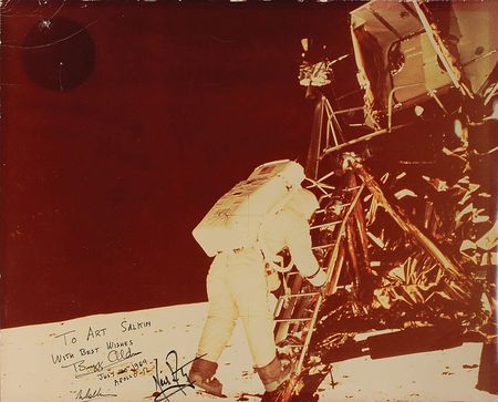 Lot #370 Apollo 11: Rare oversized 1969 photograph of the Apollo 11 lunar landing inscribed to a retiring Air Force Colonel - Image 1