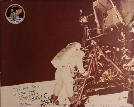 Lot #370 Apollo 11: Rare oversized 1969 photograph of the Apollo 11 lunar landing inscribed to a retiring Air Force Colonel - Image 2