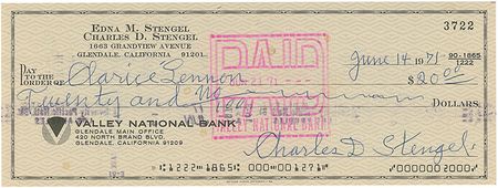 Lot #1503 Casey Stengel Checks - Image 1