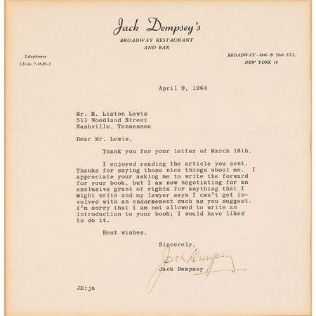 Lot #1394 Jack Dempsey Typed Letter Signed - Image 2