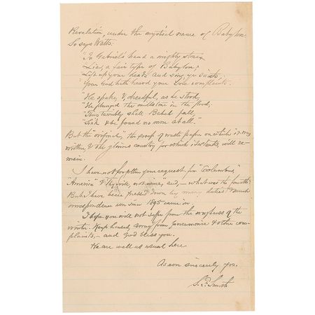 Lot #519 Samuel Francis Smith: Smith defends an attempt to replace ‘America’ as the national song, “as ‘America’ has gone to foreign parts, this government sh’d adopt the other as a suitable. Not much!” - Image 2
