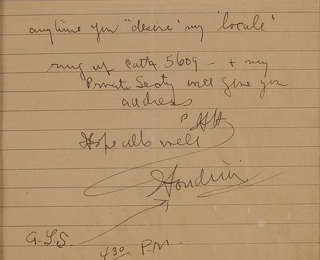 Lot #994 Harry Houdini: Twice-signed note with a cordial invite: ?ring up Cath. 5609 - & my Private Secty will give you address? - Image 2