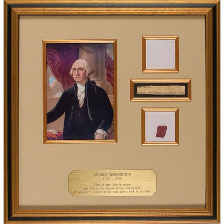 Lot #145 George Washington: Full Washington signature along with a swatch of his cloak and hair - Image 1