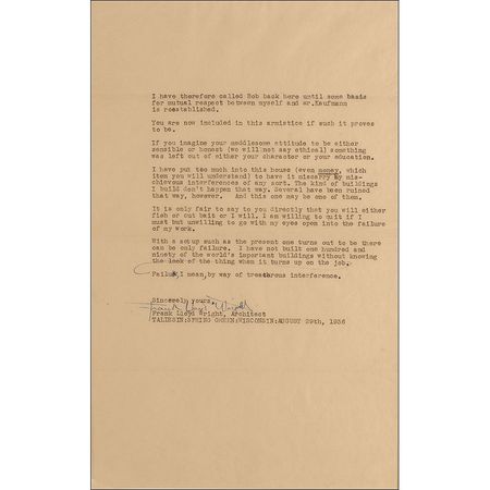 Lot #537 Frank Lloyd Wright: A stunning original blueprint of the masterwork, Fallingwater, accompanied by a letter in which Wright fumes about its construction - Image 4