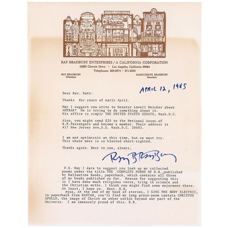 Lot #426 Ray Bradbury: ?I have done much religious verse, tying in science and the Christian myths? - Image 1