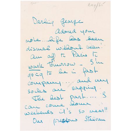 Lot #983 Audrey Hepburn: Writing to My Fair Lady director George Cukor, Hepburn makes a back-handed reference to Eliza Doolittle’s famously dubbed vocals: “The house and garden is all I dreamed…just you wait (sung by me!)” - Image 1