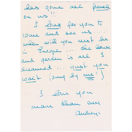 Lot #983 Audrey Hepburn: Writing to My Fair Lady director George Cukor, Hepburn makes a back-handed reference to Eliza Doolittle’s famously dubbed vocals: “The house and garden is all I dreamed…just you wait (sung by me!)” - Image 2