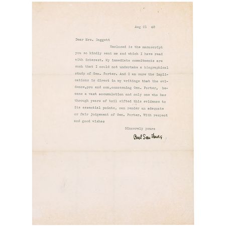Lot #511 Carl Sandburg: “My immediate commitments are such that I could not undertake a biographical study of Gen. Porter” - Image 1