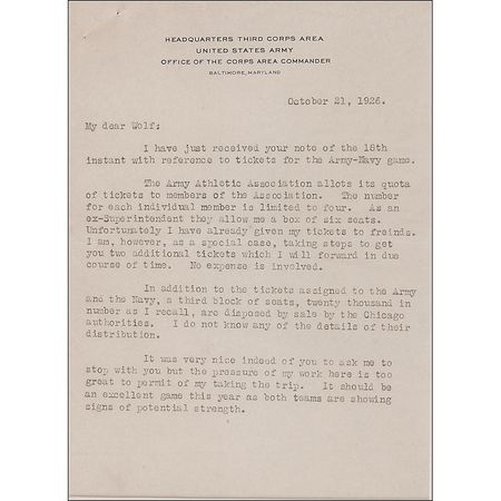 Lot #336 Douglas MacArthur: MacArthur gets pressed for tickets for the 1926 Army-Navy football game - Image 1