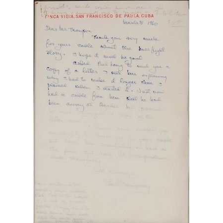 Lot #458 Ernest Hemingway: Hemingway wrestles with the downward spiral of his disastrous Dangerous Summer: ?Have written 6500 words since?Feb. 28th which is a lot of words for me. Trying hard to hold down? - Image 2