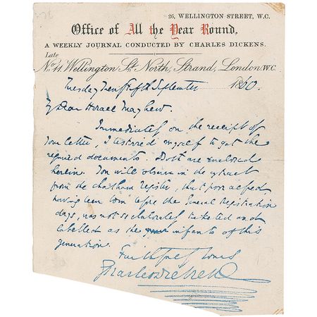 Lot #440. Charles Dickens: &ldquo;Poor Alfred having been born before the general registration days was not so elaborately ticketed and labeled as the infants of this generation&rdquo;