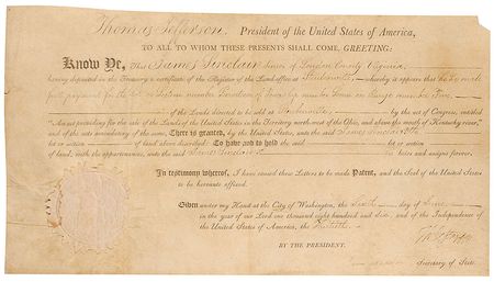 Lot #63 Thomas Jefferson and James Madison: Jefferson and Madison Virginia land grant - Image 1