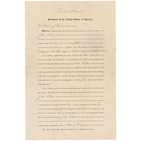 Lot #127 Theodore Roosevelt: TR employs his newly-negotiated extradition treaty with Great Britain to bring a fugitive criminal to justice - Image 1