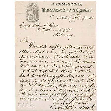 Lot #5 Chester A. Arthur: Outfitting Union troops,
