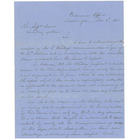 Lot #179 Jefferson Davis: The future Confederate president endorses a report on Whitney’s firearms only five years before Manassas - Image 1