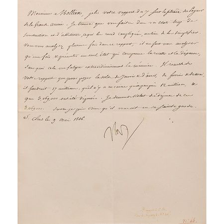 Lot #258 Napoleon: Monitoring the resources of his Grand Army, Napoleon critiques the report of his financial advisor, complaining 
