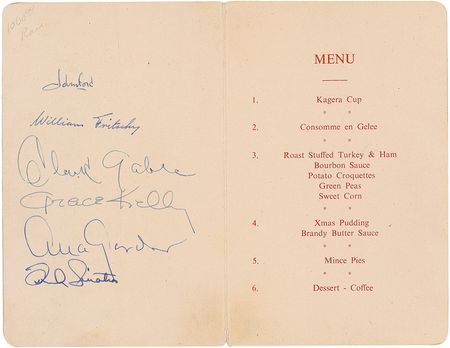 Lot #1033 Mogambo: Gable, Kelly, Gardner, and Sinatra take in Christmas dinner while filming Mogambo - Image 1