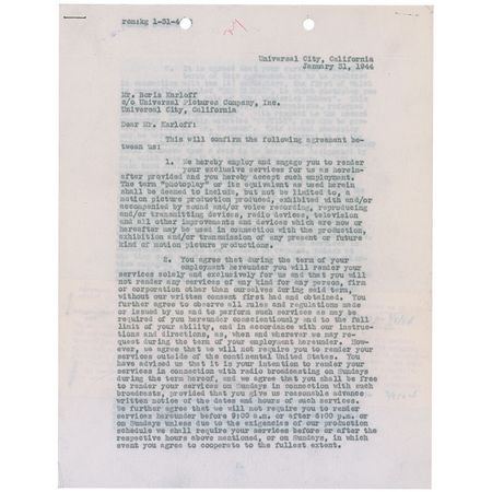 Lot #1001 Boris Karloff: Signing on to play Dr. Friedrich Hohner in Universal’s 1944, The Climax, plus Dr. Gustav Niemann in the Universal 1944 classic, House of Frankenstein - Image 1