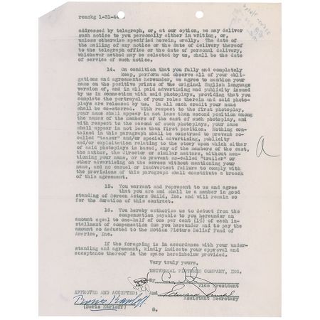 Lot #1001 Boris Karloff: Signing on to play Dr. Friedrich Hohner in Universal’s 1944, The Climax, plus Dr. Gustav Niemann in the Universal 1944 classic, House of Frankenstein - Image 2