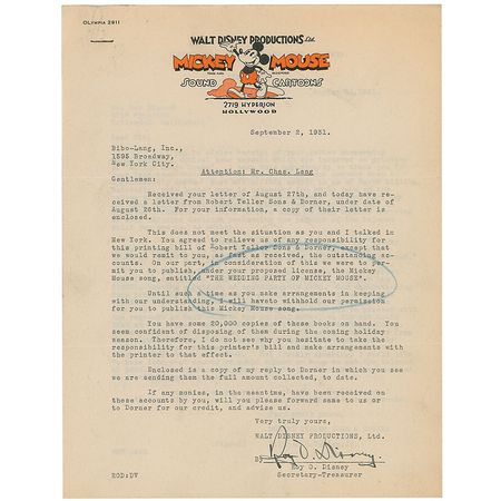 Lot #552 Roy Disney: Roy works out payments for the printing of the first licensed Mickey Mouse Book - Image 2