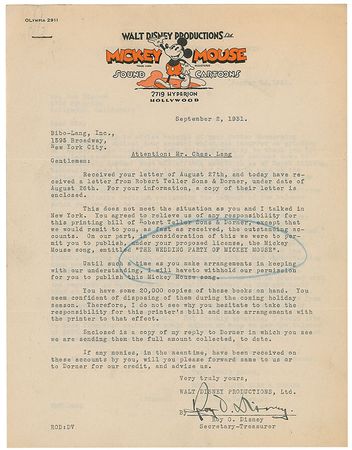 Lot #552 Roy Disney: Roy works out payments for the printing of the first licensed Mickey Mouse Book - Image 1