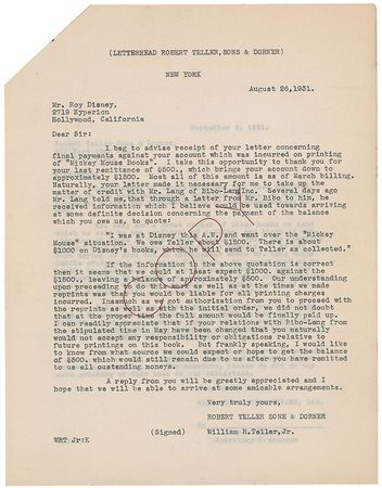 Lot #552 Roy Disney: Roy works out payments for the printing of the first licensed Mickey Mouse Book - Image 3