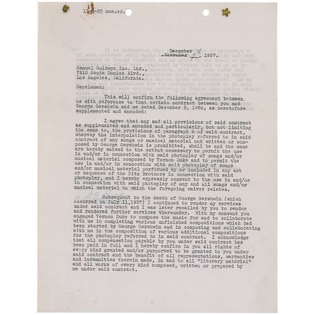 Lot #660 Ira Gershwin: Ira signs a contract to complete work on The Goldwyn Follies, the last score the Gershwin brothers collaborated on, employing Vernon Duke to replace George Gershwin, who had died only four moths earlier - Image 1