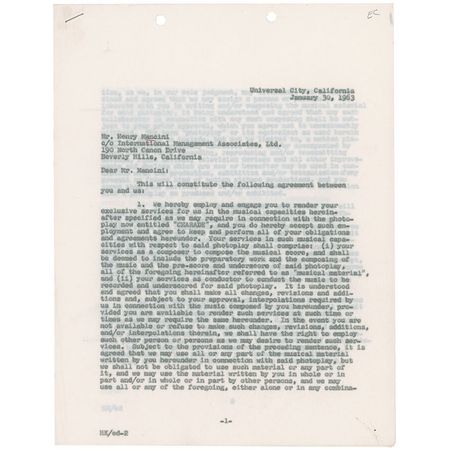 Lot #677 Henry Mancini: Mancini signs on to score Charade, starring Grant and Hepburn - Image 1