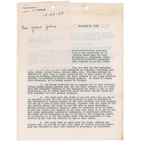 Lot #1090 Billy Wilder: Wilder receives permission to go through Spirit of St. Louis outtakes occupying his vault - Image 1