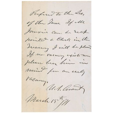 Lot #50 U. S. Grant: A hearty recommendation for the poet of ‘The Sleeping Sentinel,’ whose “fine poems, with which he assisted our great cause, are yet lingering in the hearts of the people” - Image 1
